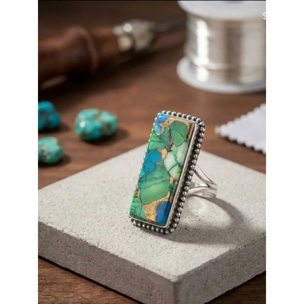 Peacock Dahlia Turquoise Statement Ring Artisan Silver Mosaic Rectangle Ring 7